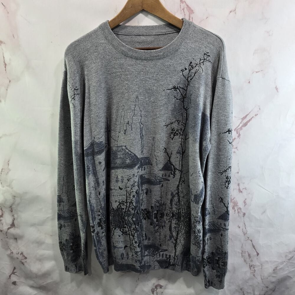 Shein Sweater Mens Large Gray Blue Crew Asian Architecture Scene Japan China